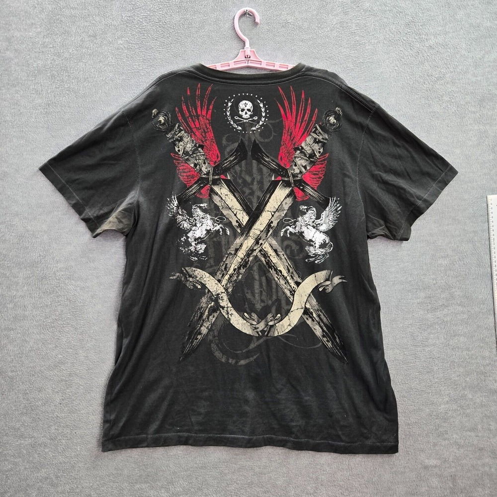 Marc Ecko Men Shirt 2XL Black‎ Y2K Grunge Skull Lion Sword Graphic Short Sleeve